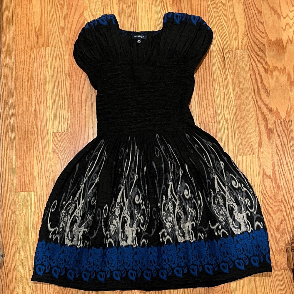 NWOT- Max Edition Black and Blue Midi Dress with Swirl Motif